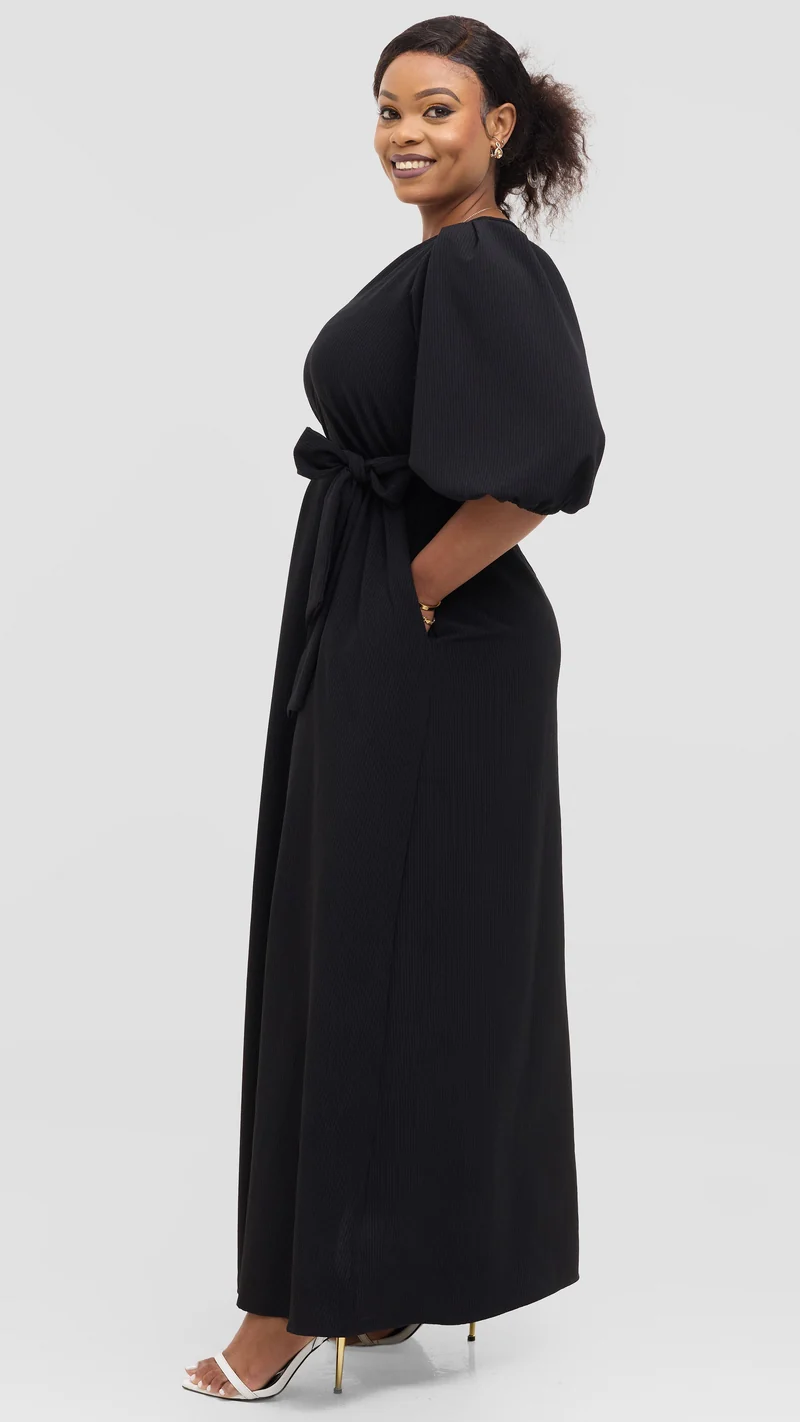Vivo Bishop Sleeve Maxi Dress in Crepe - Black Pinstripes