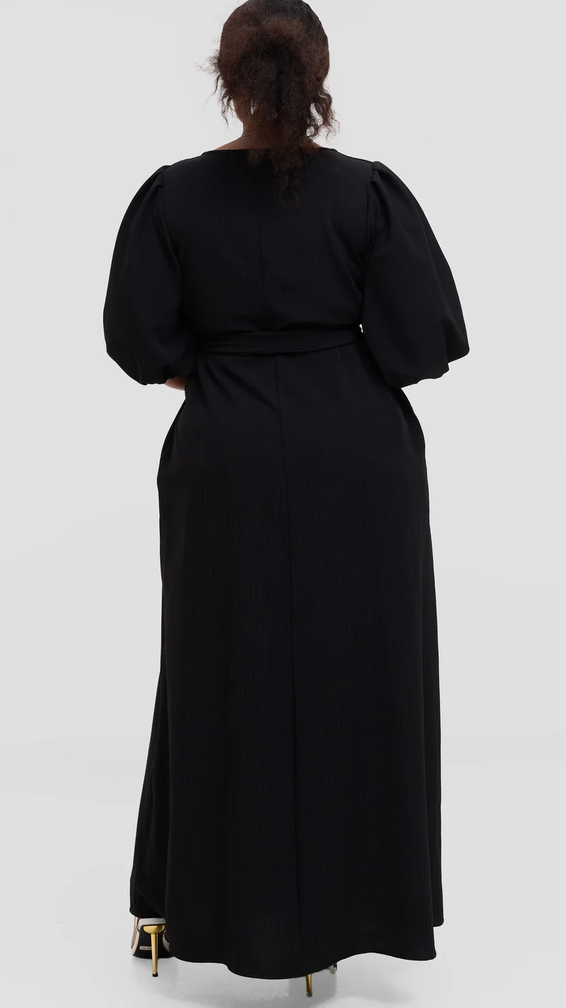Vivo Bishop Sleeve Maxi Dress in Crepe - Black Pinstripes