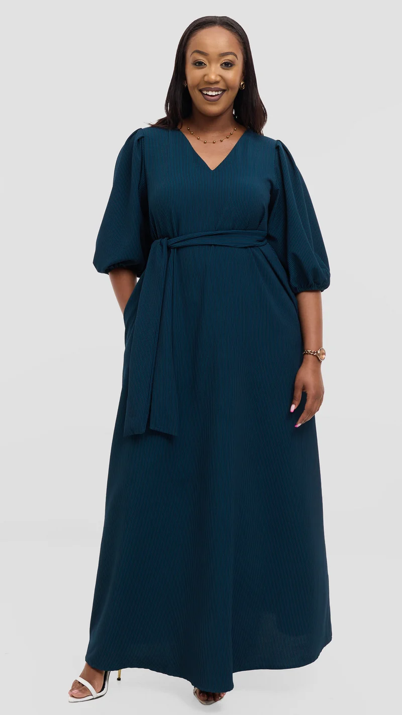 Vivo Bishop Sleeve Maxi Dress in Crepe - Teal Pinstripes