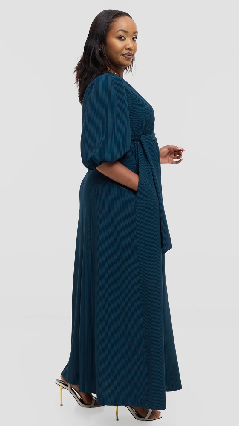 Vivo Bishop Sleeve Maxi Dress in Crepe - Teal Pinstripes