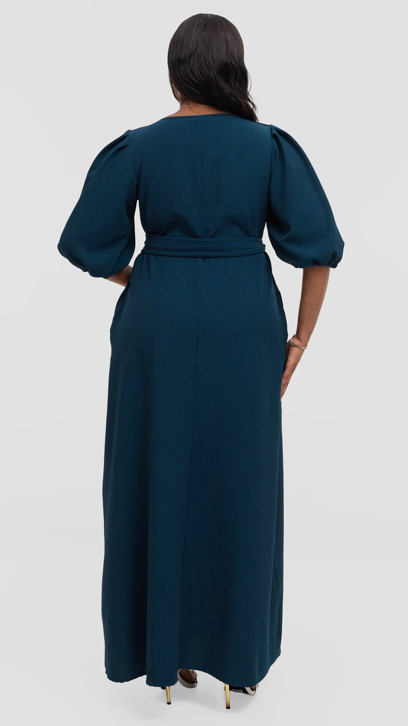 Vivo Bishop Sleeve Maxi Dress in Crepe - Teal Pinstripes