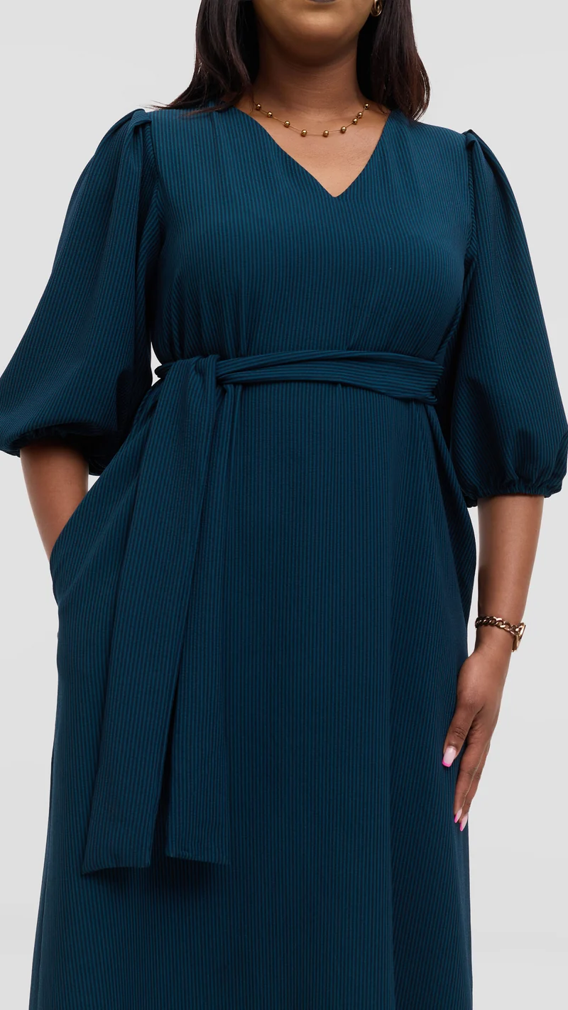 Vivo Bishop Sleeve Maxi Dress in Crepe - Teal Pinstripes