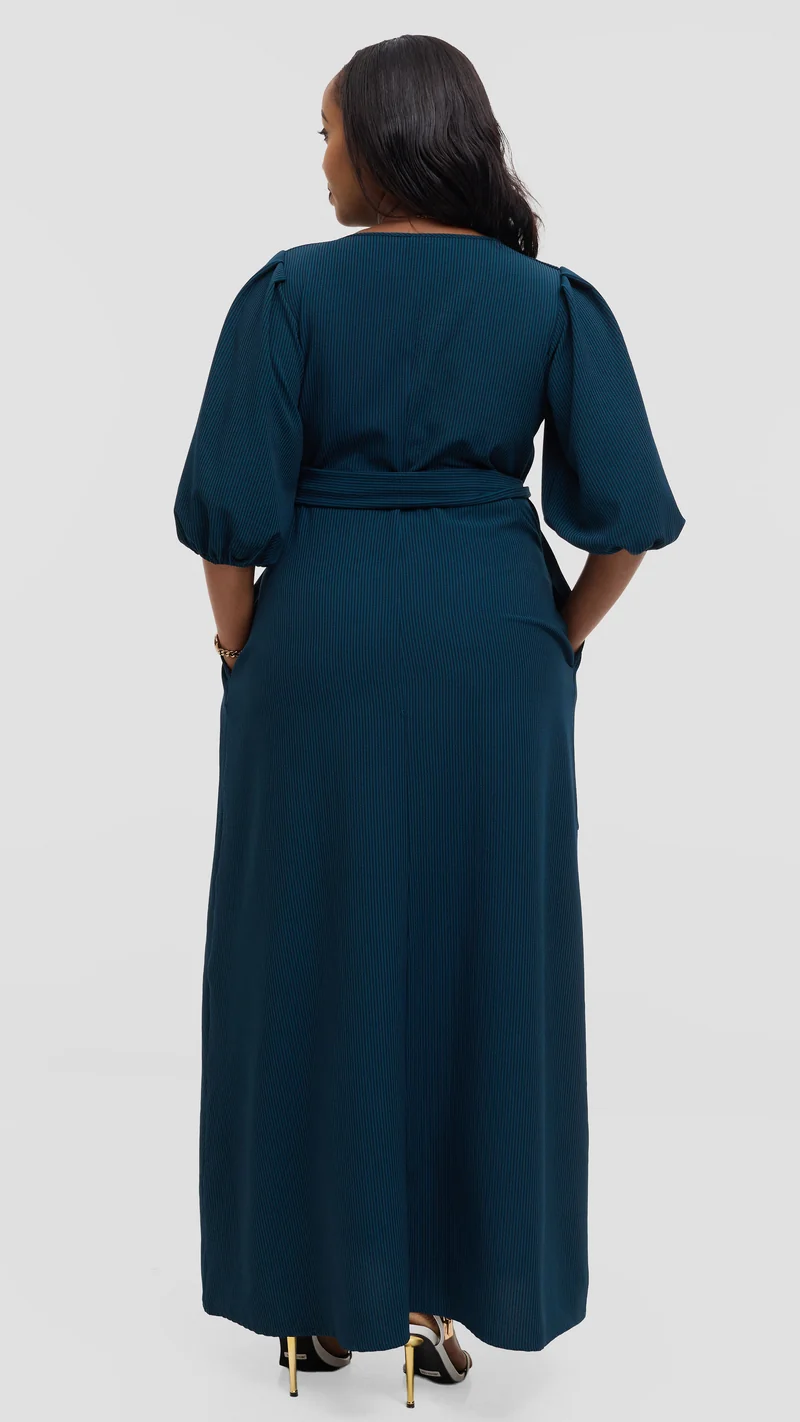 Vivo Bishop Sleeve Maxi Dress in Crepe - Teal Pinstripes