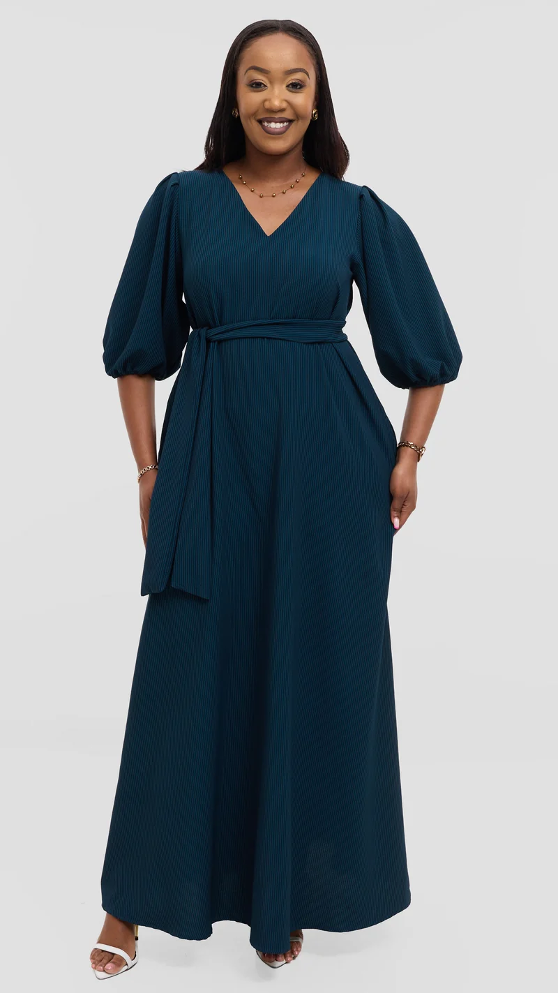 Vivo Bishop Sleeve Maxi Dress in Crepe - Teal Pinstripes