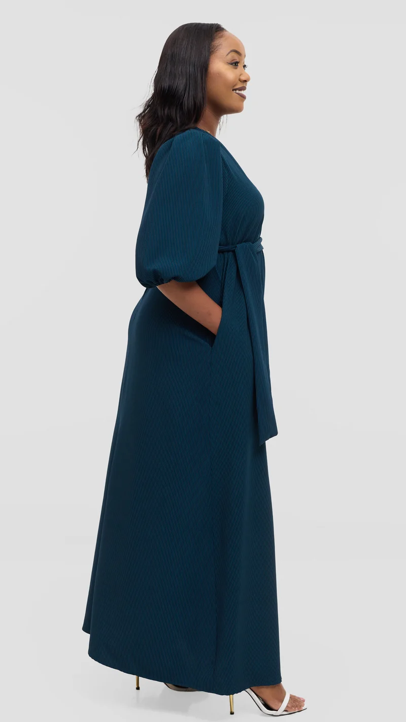 Vivo Bishop Sleeve Maxi Dress in Crepe - Teal Pinstripes