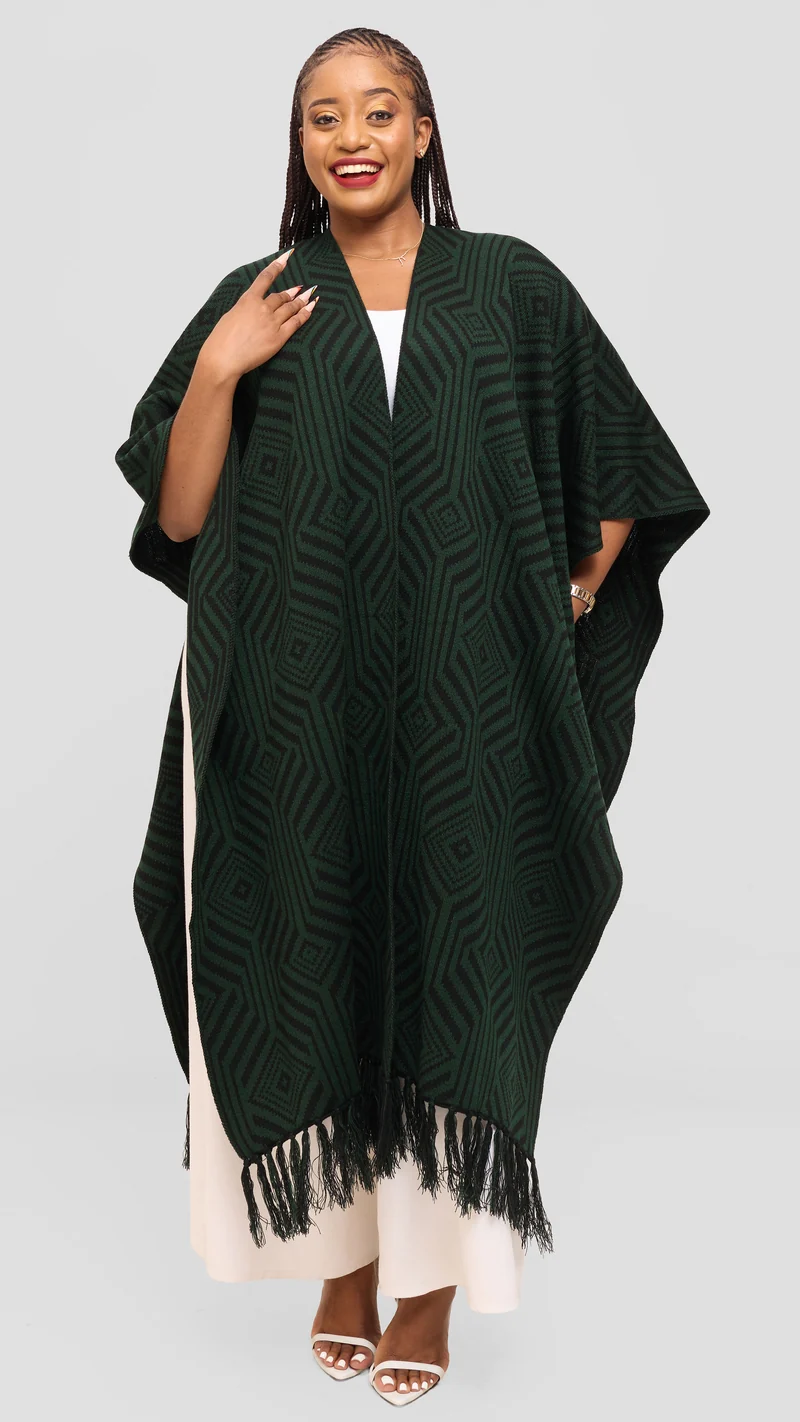 Vivo 2 Tone Geometric Wrap Poncho - Black / Green Print
