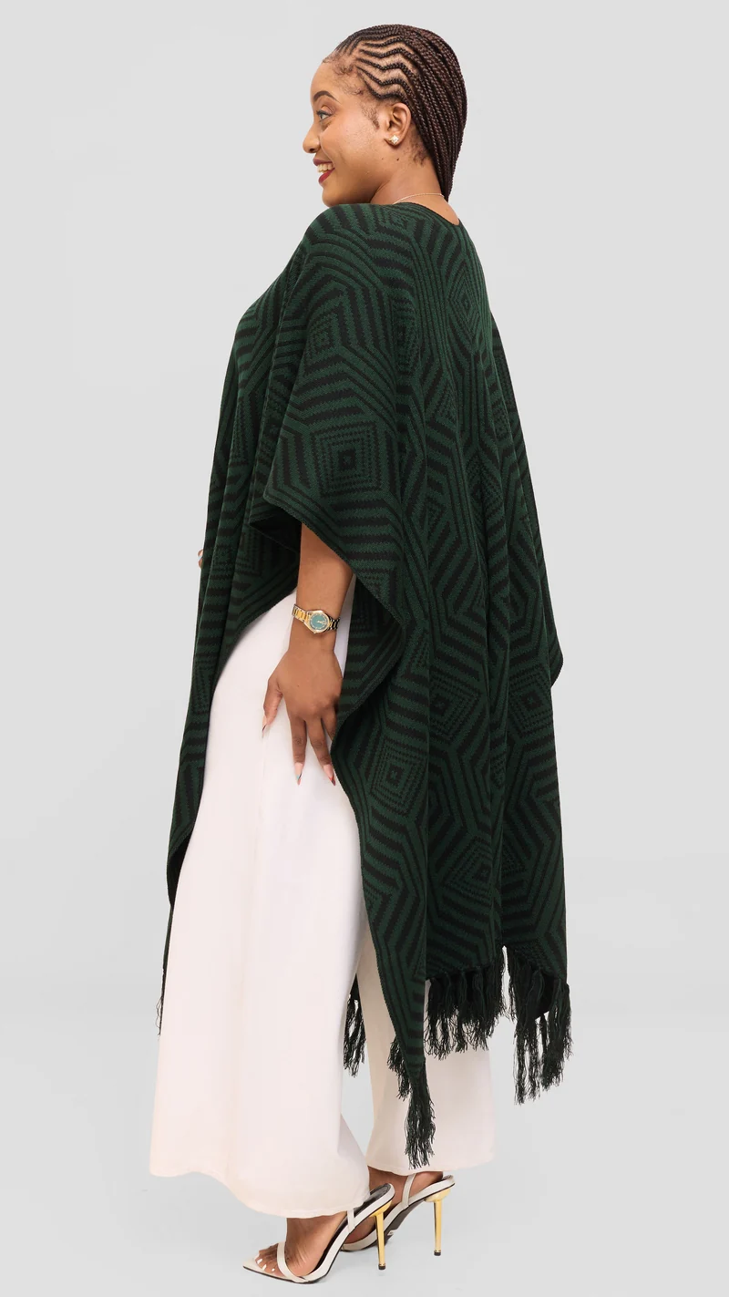 Vivo 2 Tone Geometric Wrap Poncho - Black / Green Print