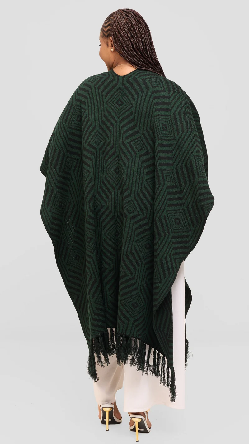 Vivo 2 Tone Geometric Wrap Poncho - Black / Green Print