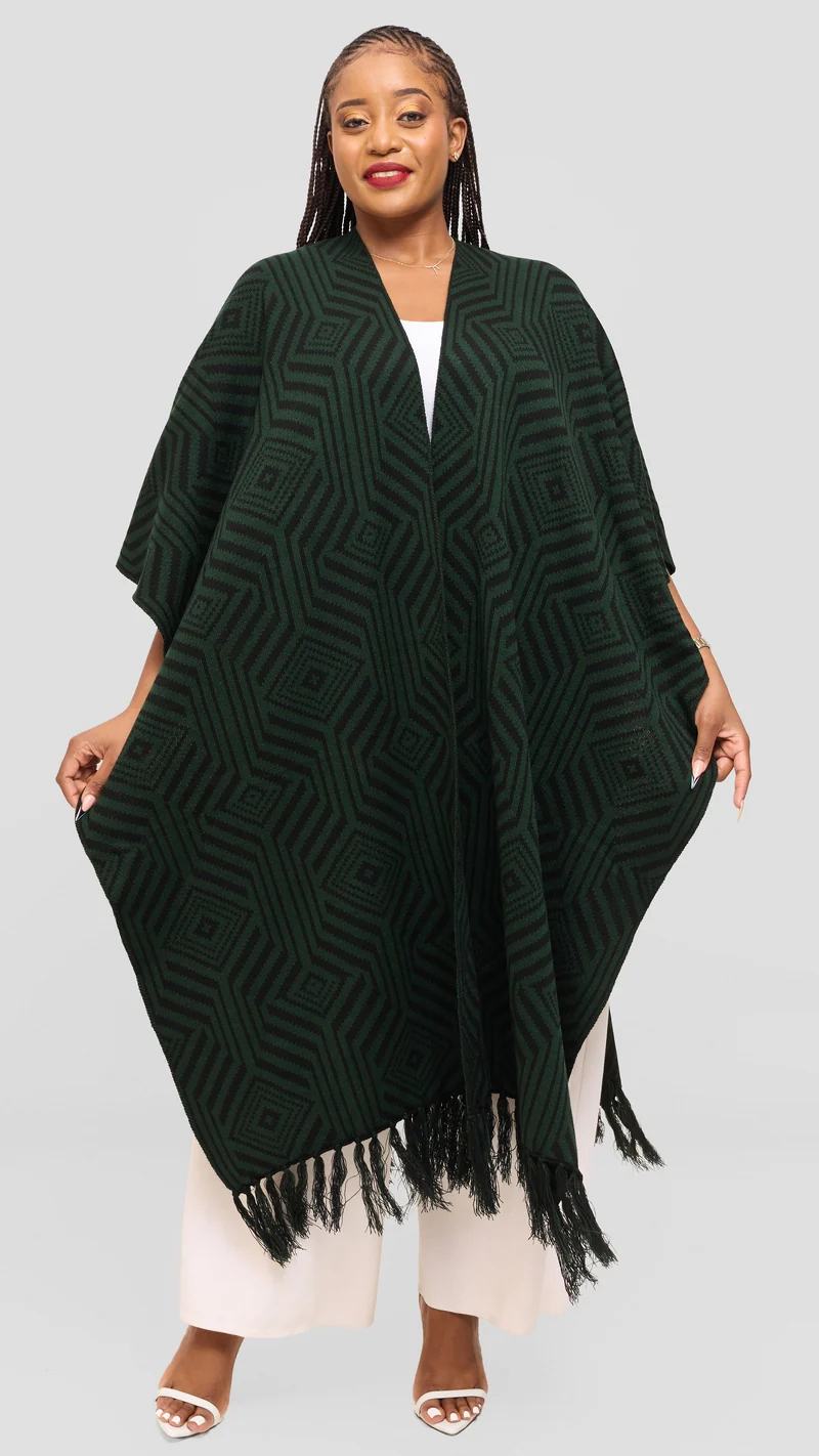 Vivo 2 Tone Geometric Wrap Poncho - Black / Green Print