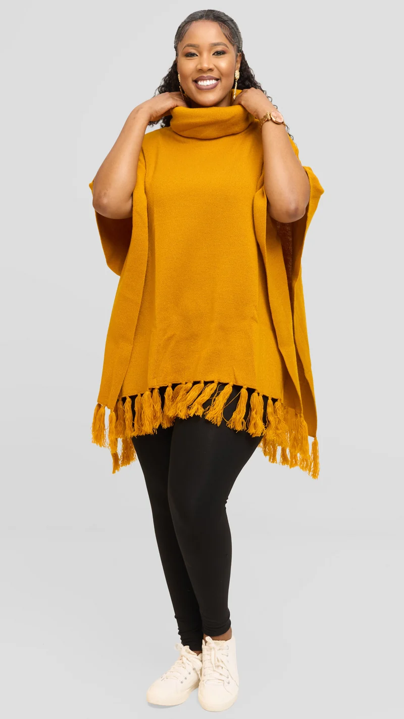 Vivo Turtleneck Knit Fringe Poncho - Mustard