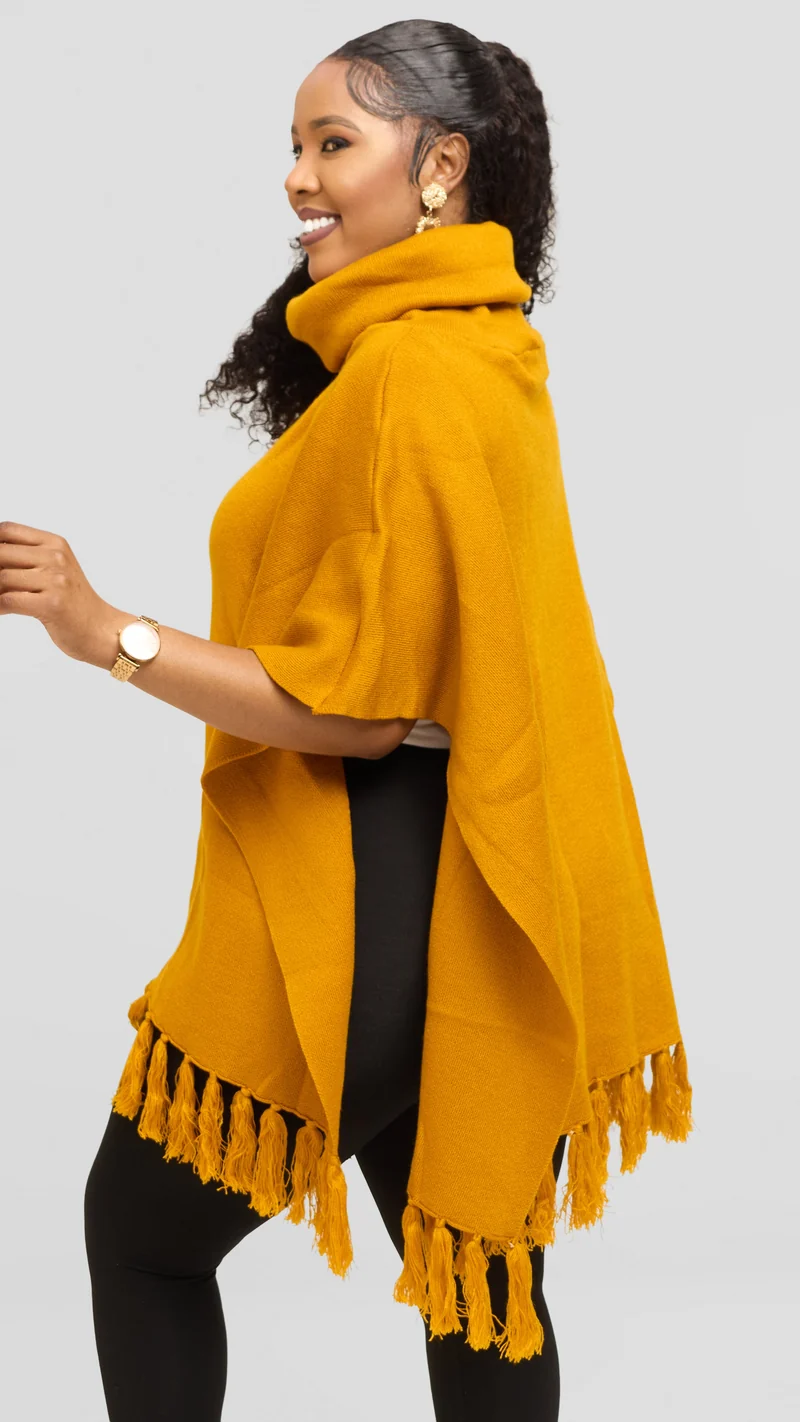 Vivo Turtleneck Knit Fringe Poncho - Mustard