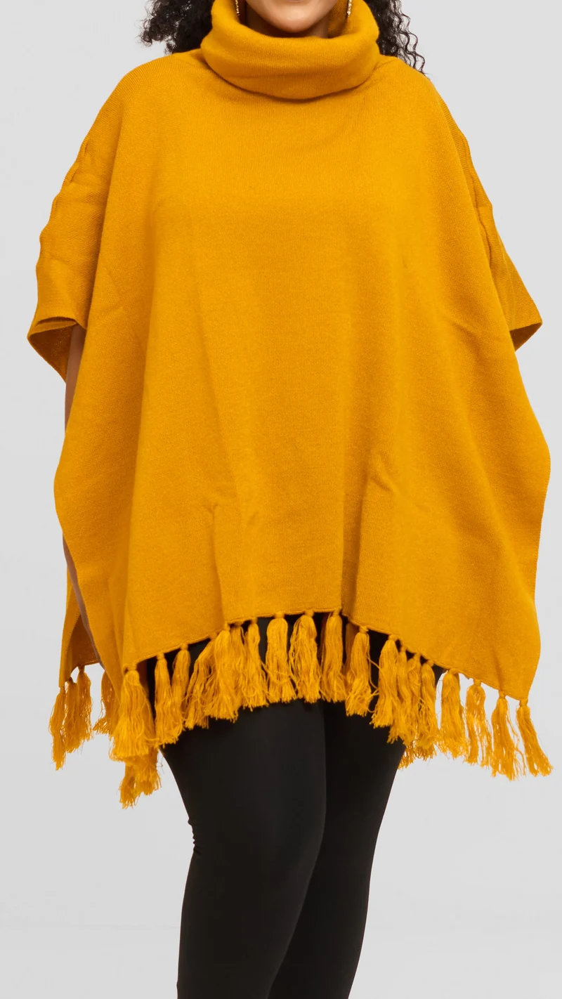 Vivo Turtleneck Knit Fringe Poncho - Mustard