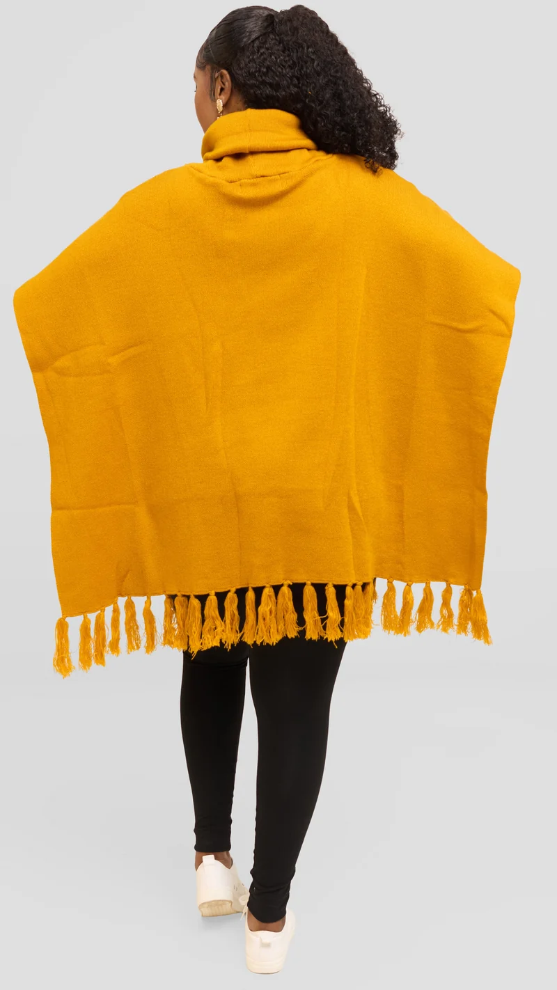 Vivo Turtleneck Knit Fringe Poncho - Mustard
