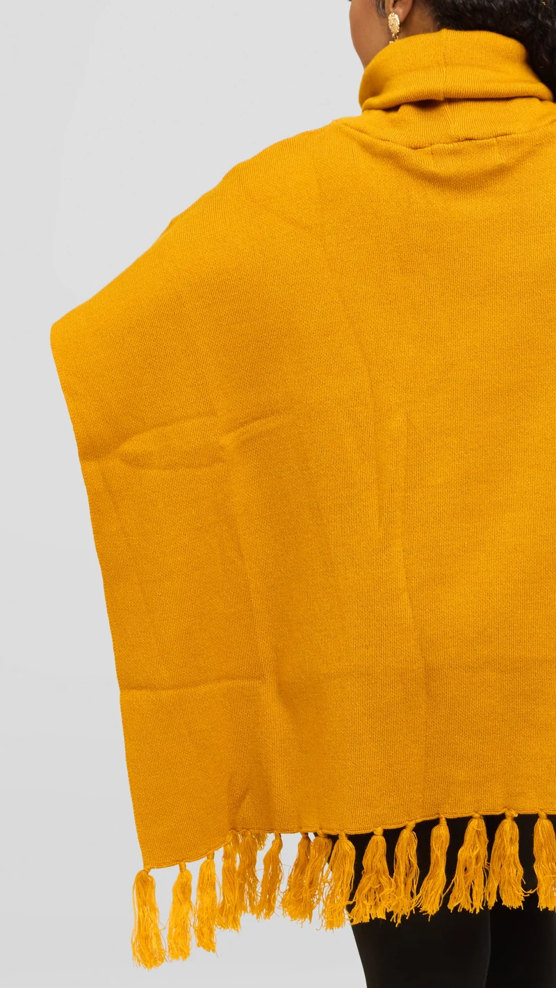 Vivo Turtleneck Knit Fringe Poncho - Mustard
