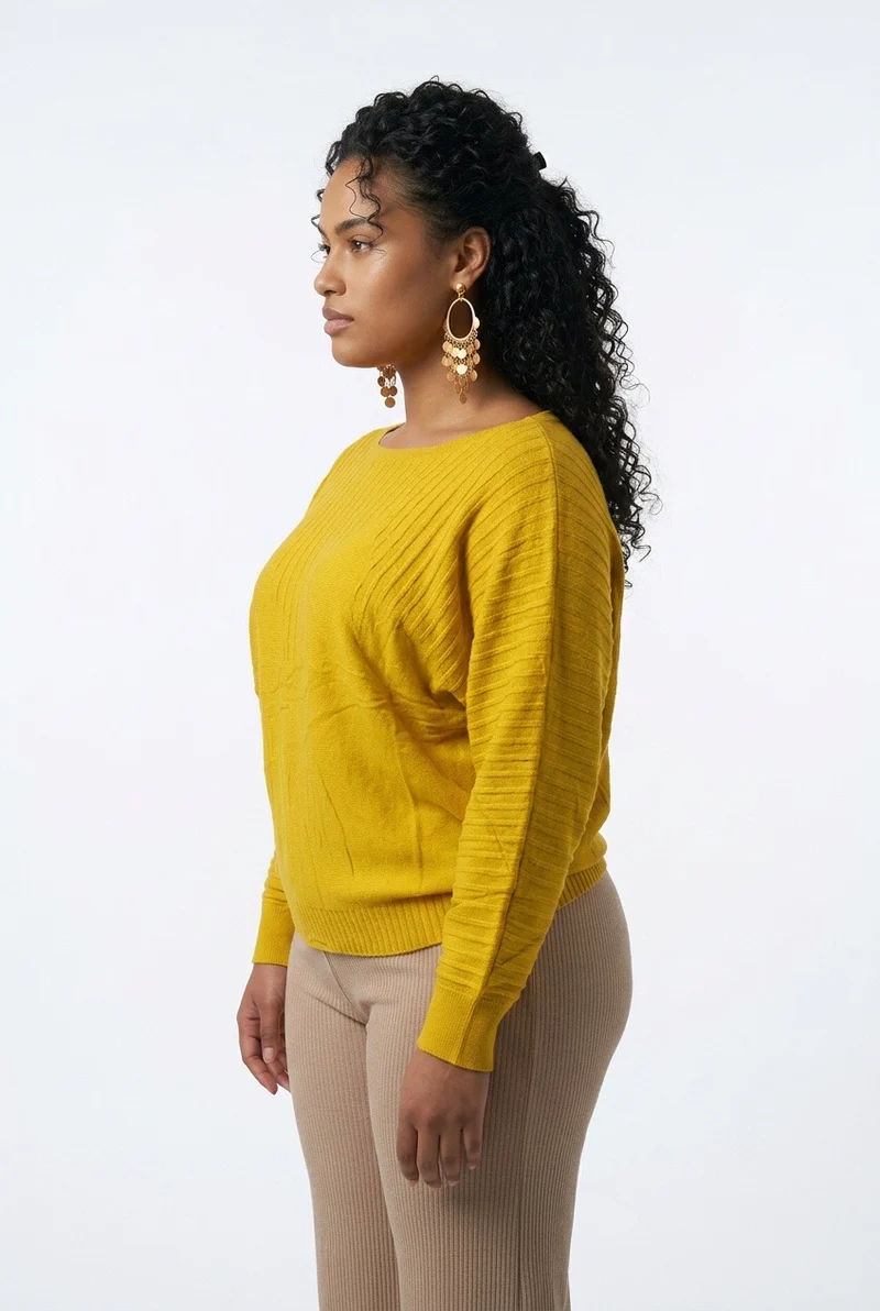 Stylish Sisters Ribbed Batwing-Sleeve Sweater Top - Yellow