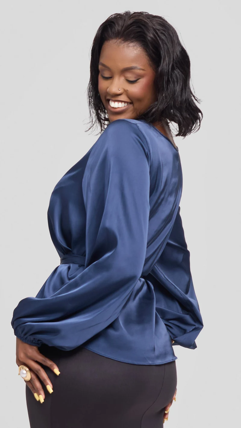 Vivo Basic Bishop Sleeve Top in Satin - Navy Blue