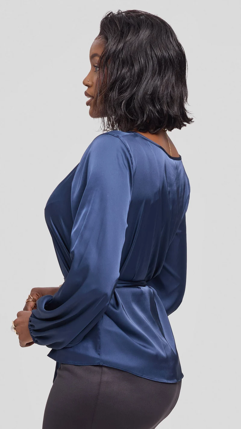 Vivo Basic Bishop Sleeve Top in Satin - Navy Blue