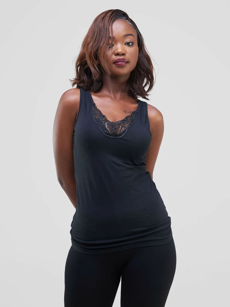 Embroidery Singlet Top - Black