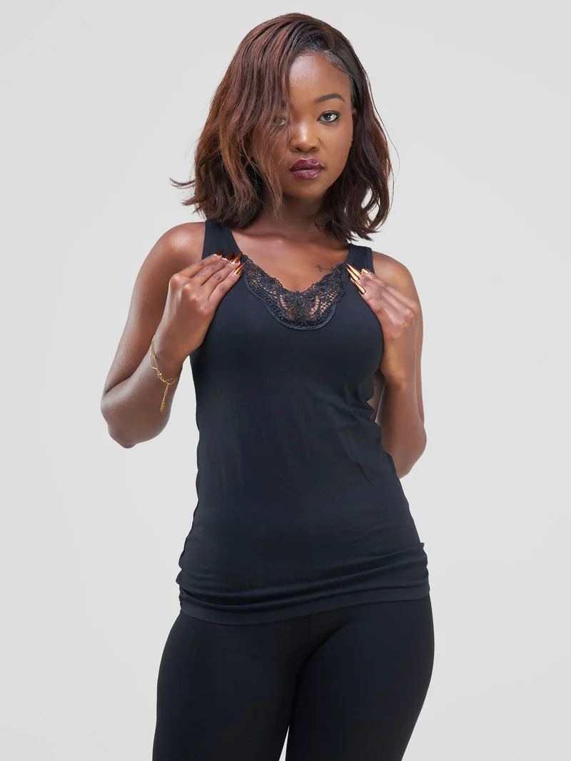 Embroidery Singlet Top - Black