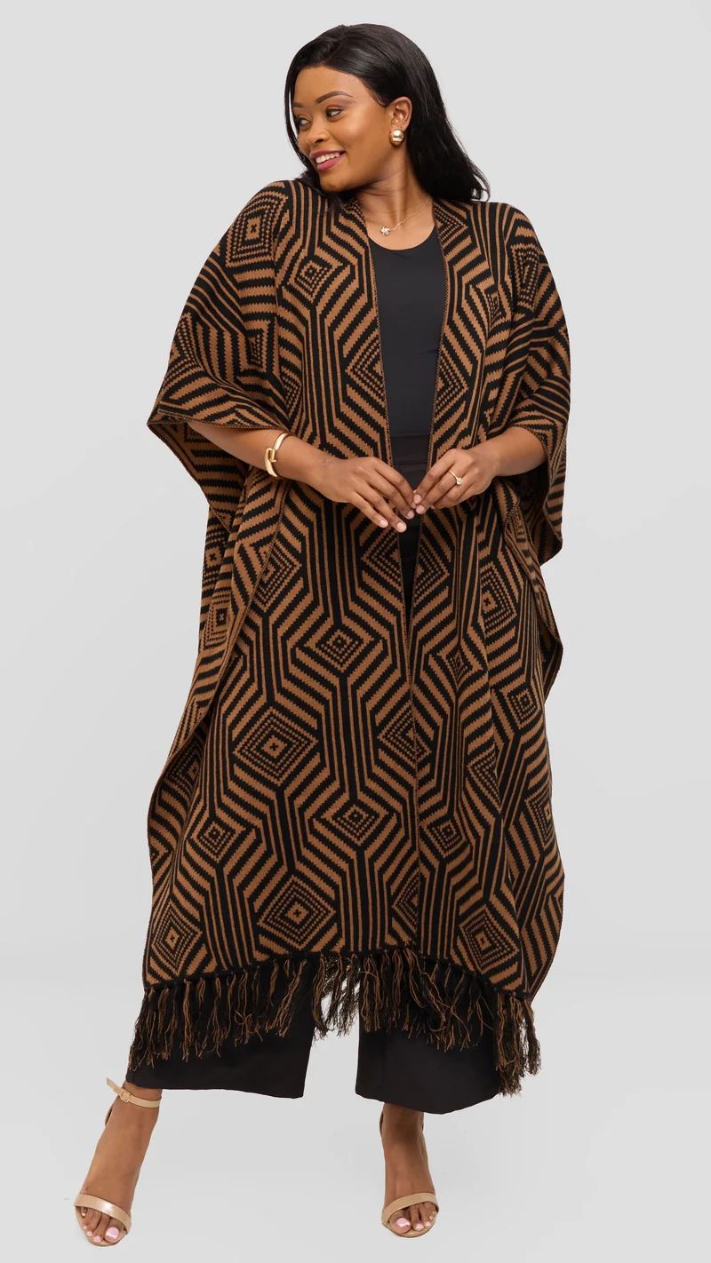 Vivo 2 Tone Geometric Wrap Poncho - Black / Tan Print