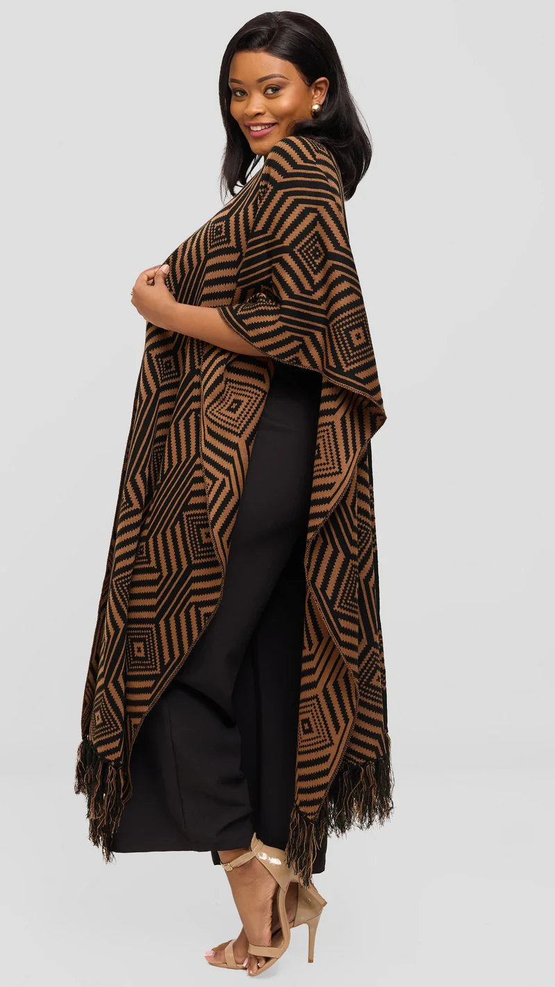 Vivo 2 Tone Geometric Wrap Poncho - Black / Tan Print