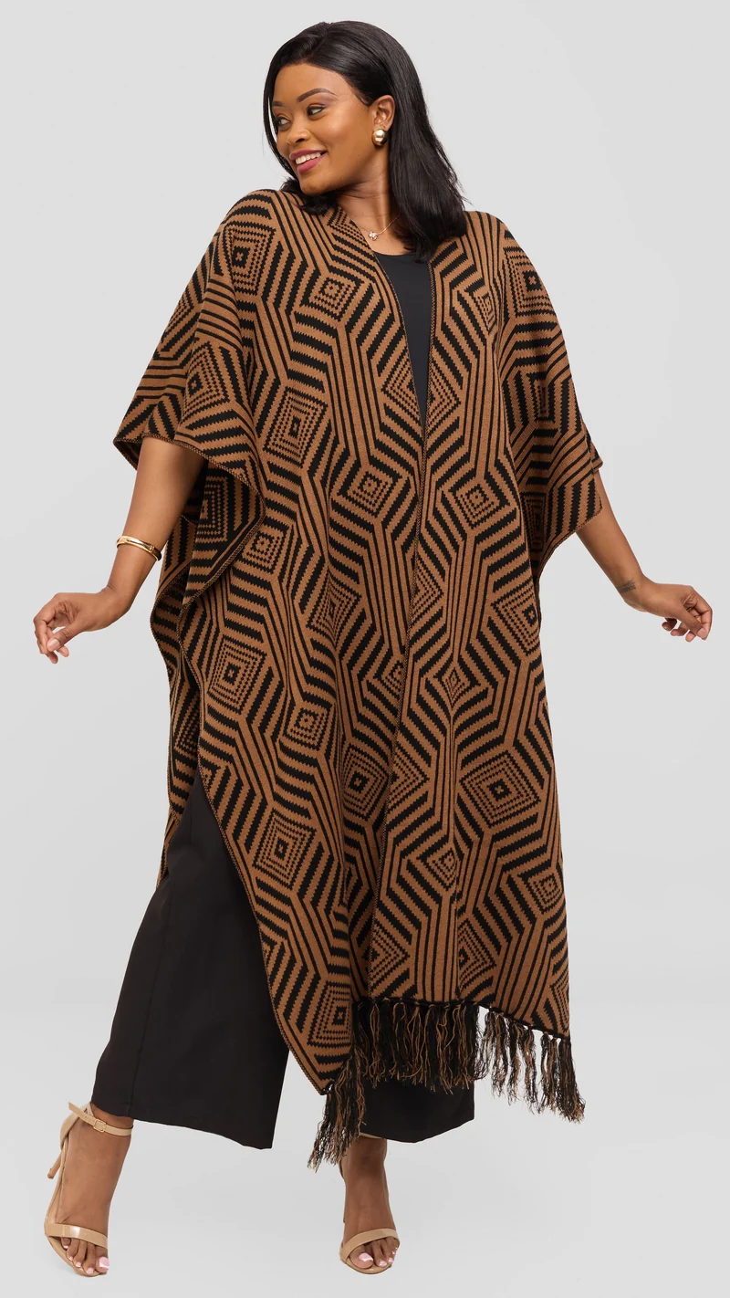 Vivo 2 Tone Geometric Wrap Poncho - Black / Tan Print