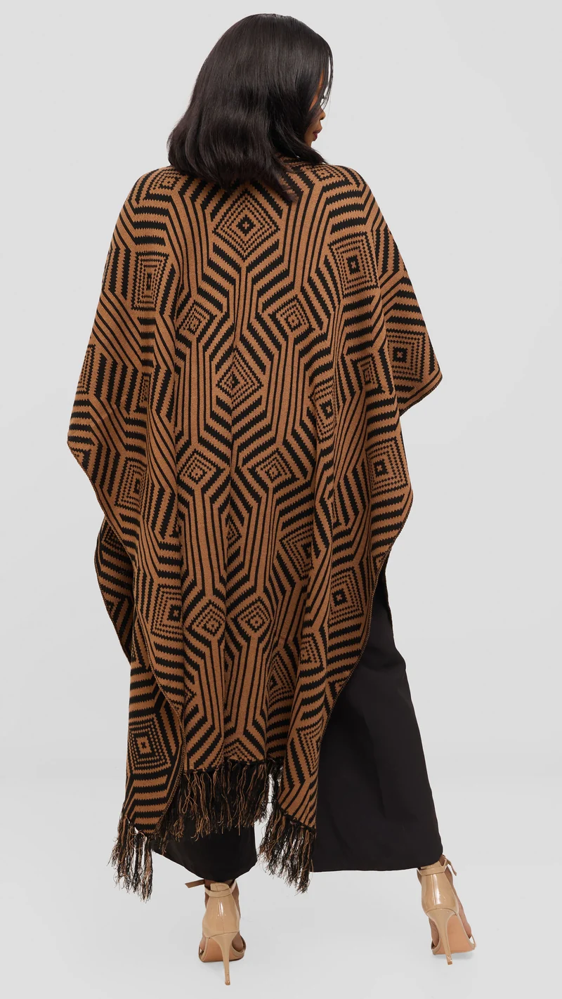 Vivo 2 Tone Geometric Wrap Poncho - Black / Tan Print
