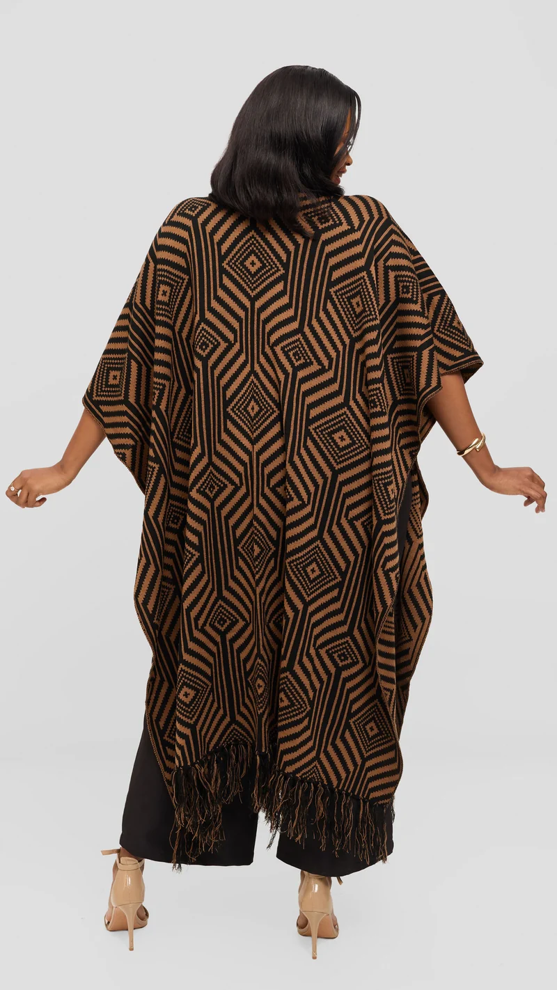 Vivo 2 Tone Geometric Wrap Poncho - Black / Tan Print