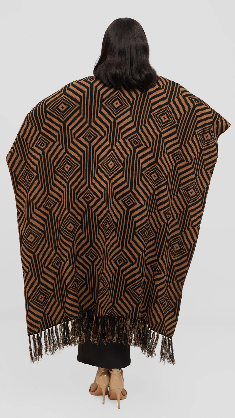 Vivo 2 Tone Geometric Wrap Poncho - Black / Tan Print