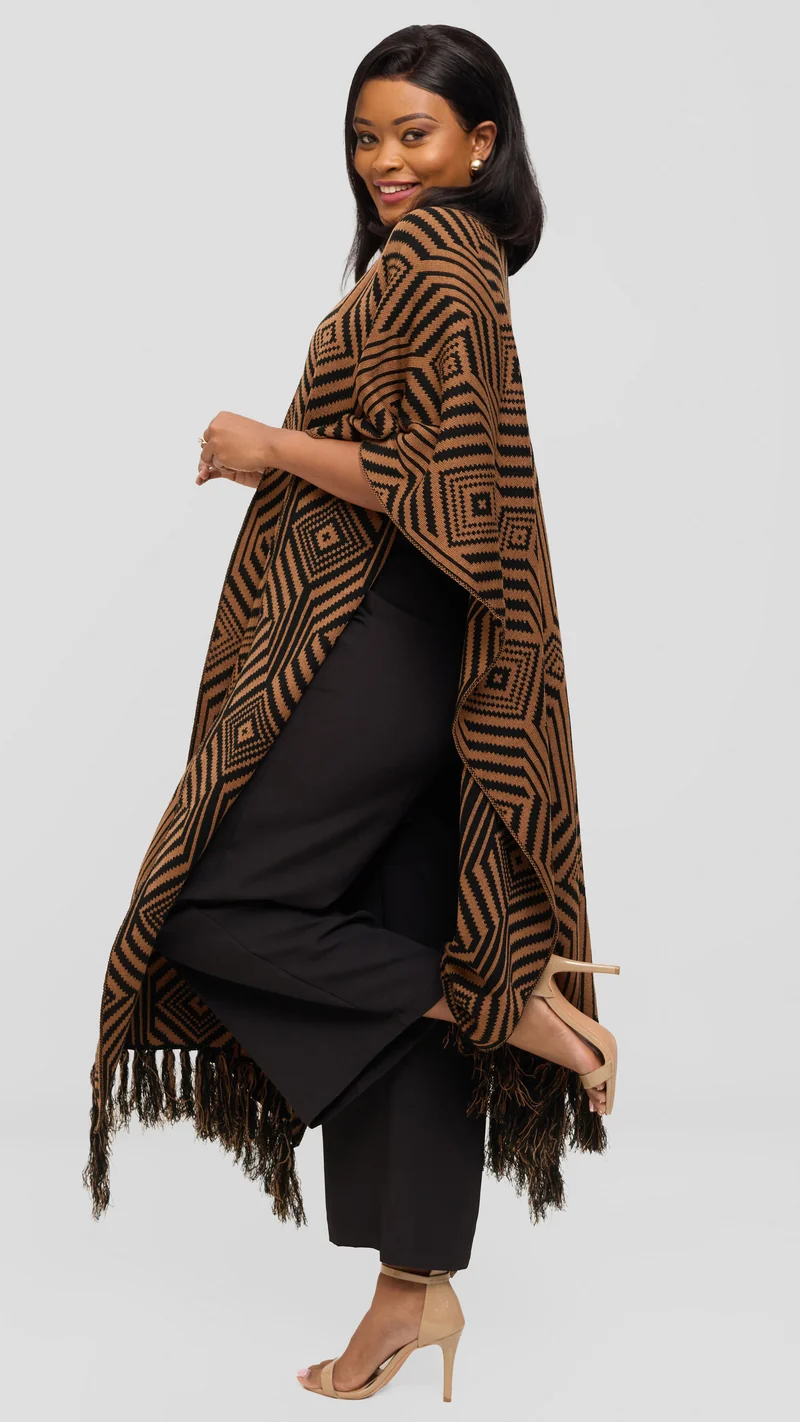 Vivo 2 Tone Geometric Wrap Poncho - Black / Tan Print