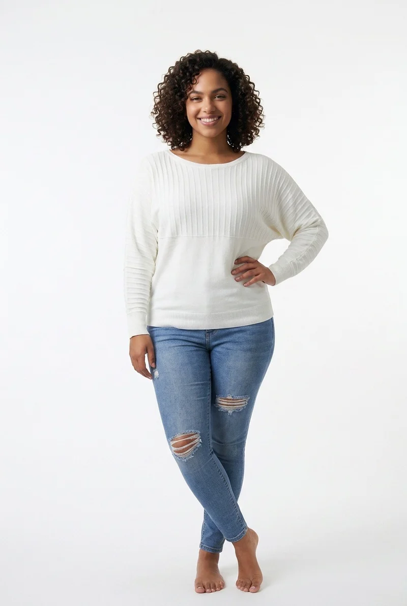 Stylish Sisters Ribbed Batwing-Sleeve Sweater Top - White