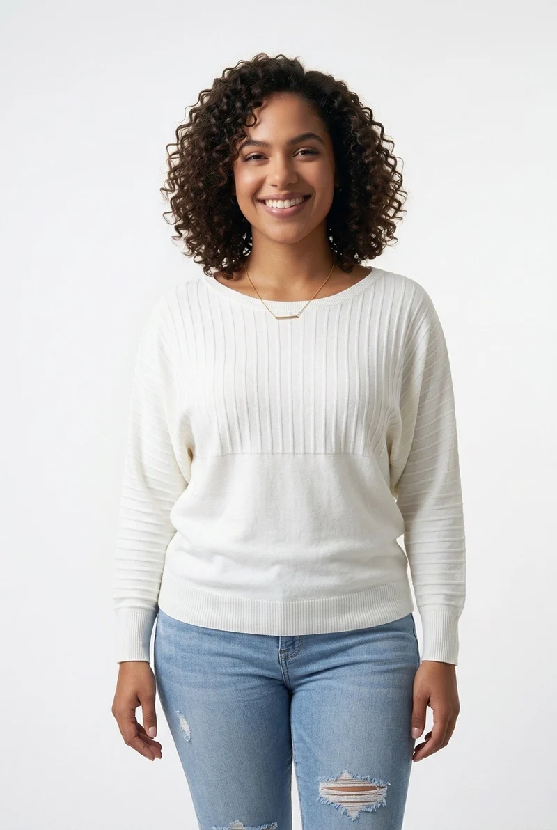 Stylish Sisters Ribbed Batwing-Sleeve Sweater Top - White
