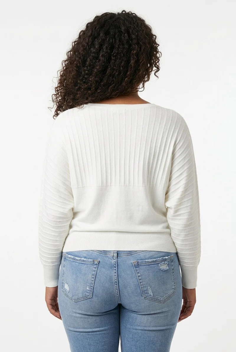 Stylish Sisters Ribbed Batwing-Sleeve Sweater Top - White