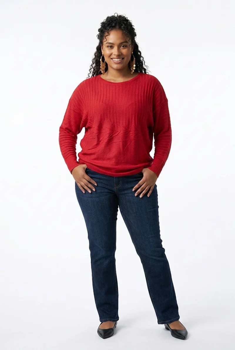Stylish Sisters Ribbed Batwing-Sleeve Sweater Top - Red