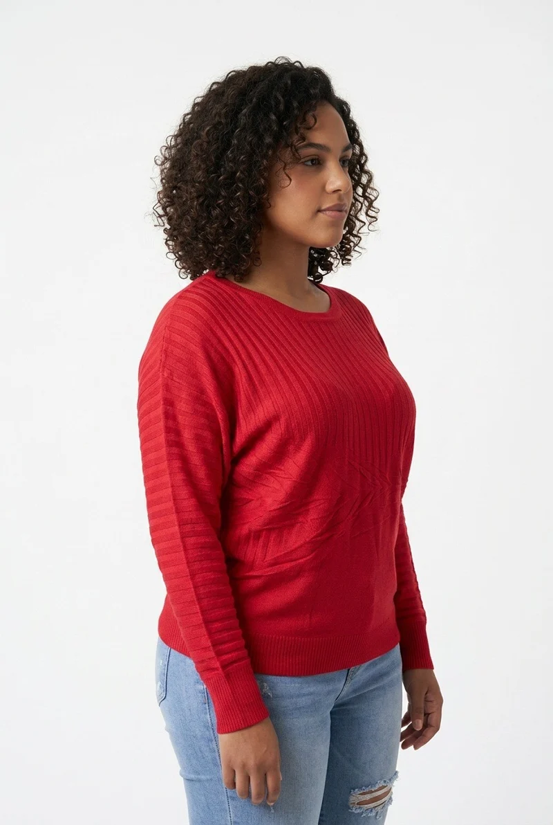 Stylish Sisters Ribbed Batwing-Sleeve Sweater Top - Red