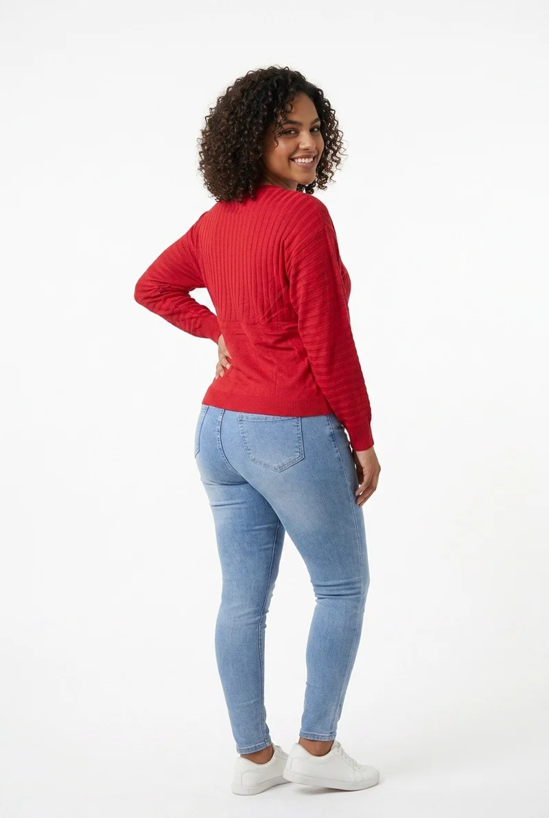 Stylish Sisters Ribbed Batwing-Sleeve Sweater Top - Red