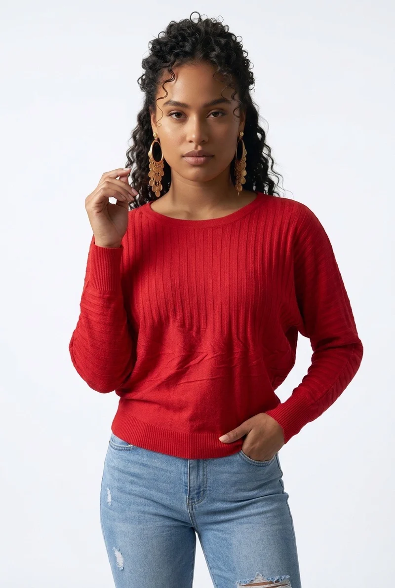 Stylish Sisters Ribbed Batwing-Sleeve Sweater Top - Red