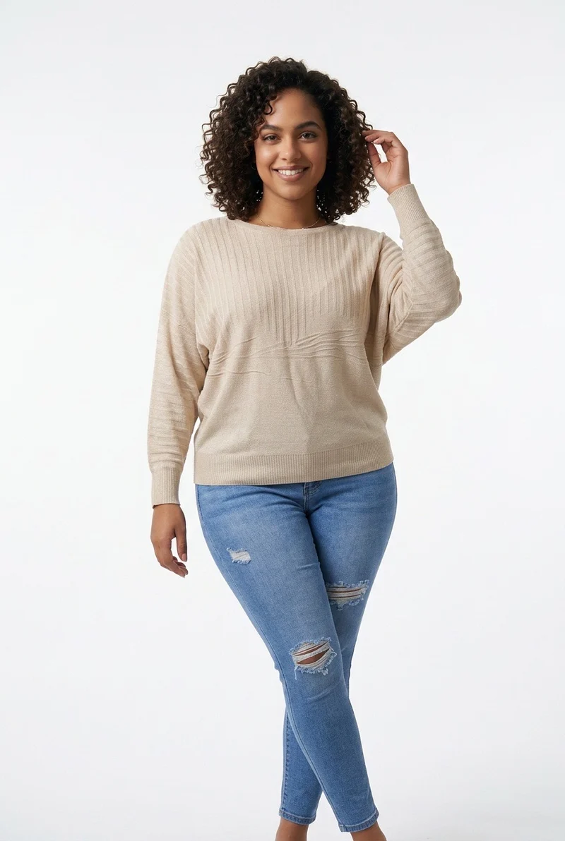 Stylish Sisters Ribbed Batwing-Sleeve Sweater Top - Beige