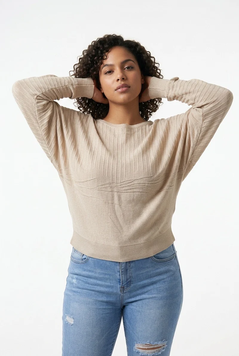 Stylish Sisters Ribbed Batwing-Sleeve Sweater Top - Beige