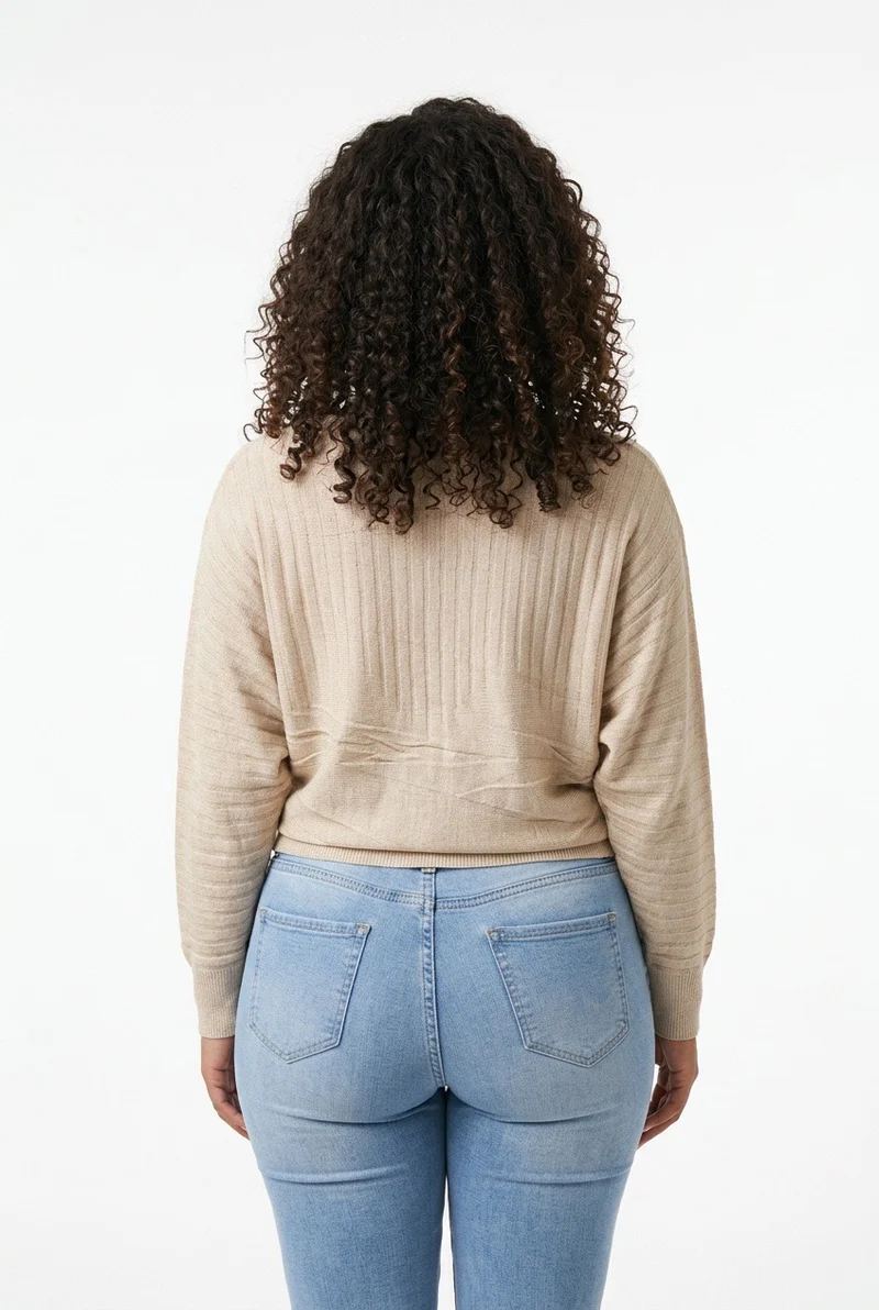 Stylish Sisters Ribbed Batwing-Sleeve Sweater Top - Beige