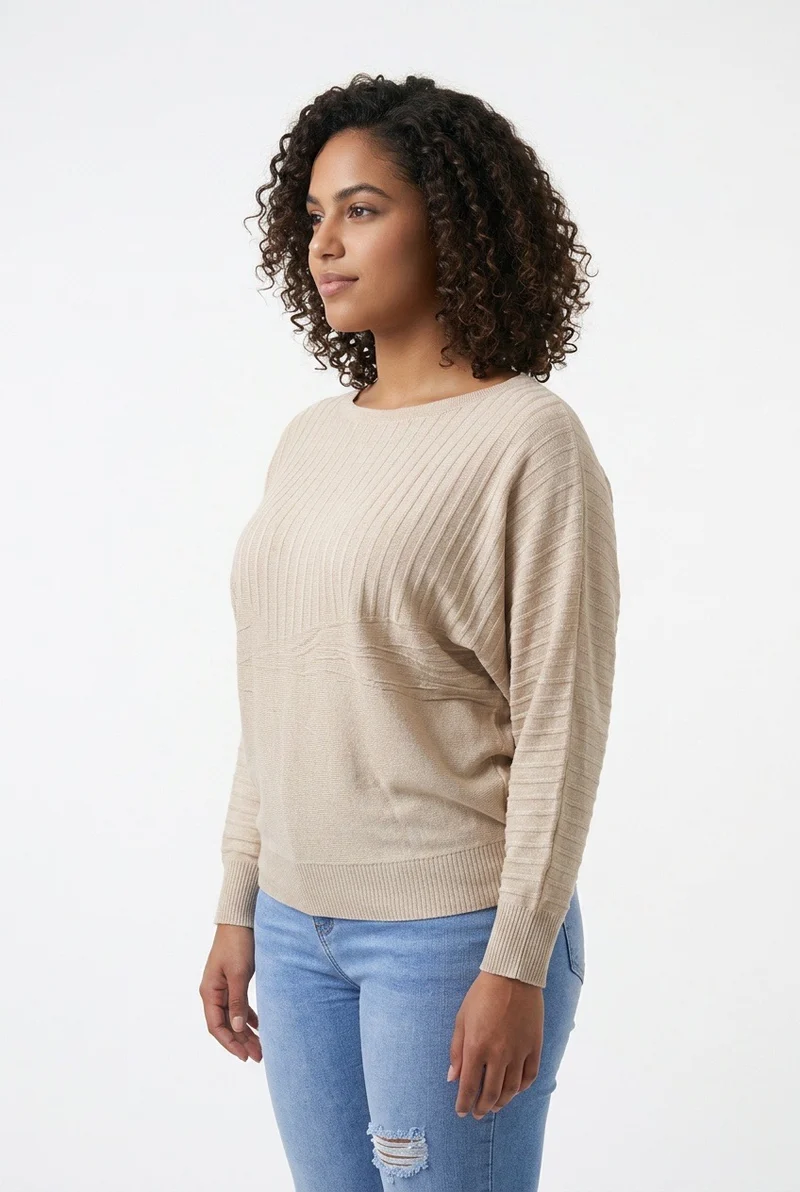 Stylish Sisters Ribbed Batwing-Sleeve Sweater Top - Beige