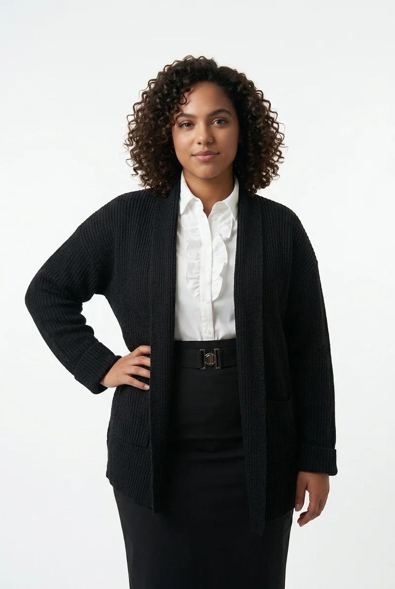 Stylish Sisters Women’s Ribbed Open-Front Shawl Collar Cardigan - Black