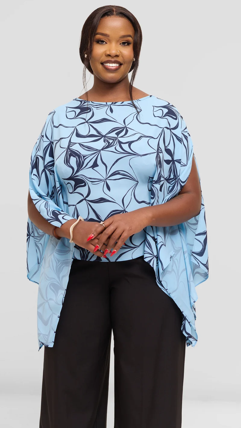 Vivo Wide Top in Chiffon - Light Blue / Navy Arah Print
