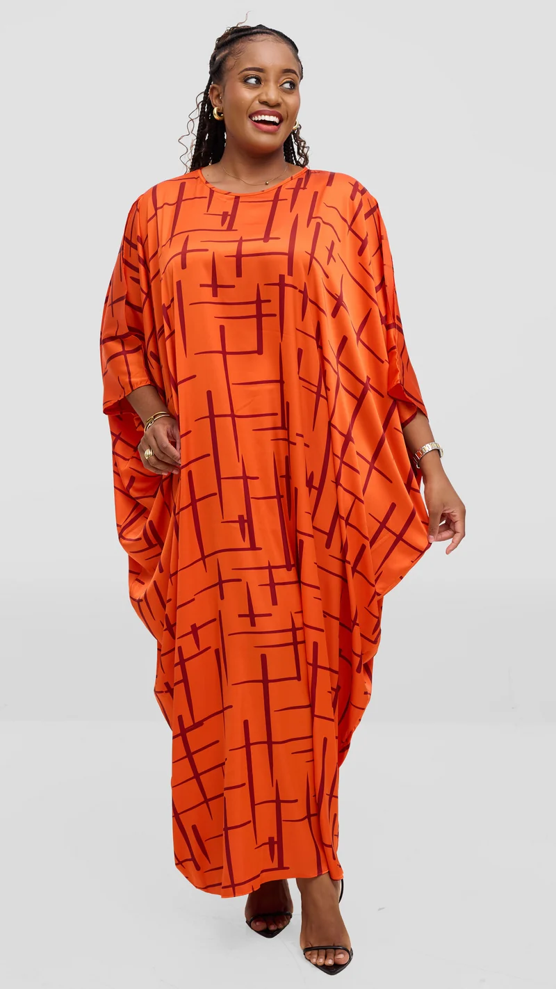 Vivo Lani Maxi Dress In Satin - Orange / Brown Print