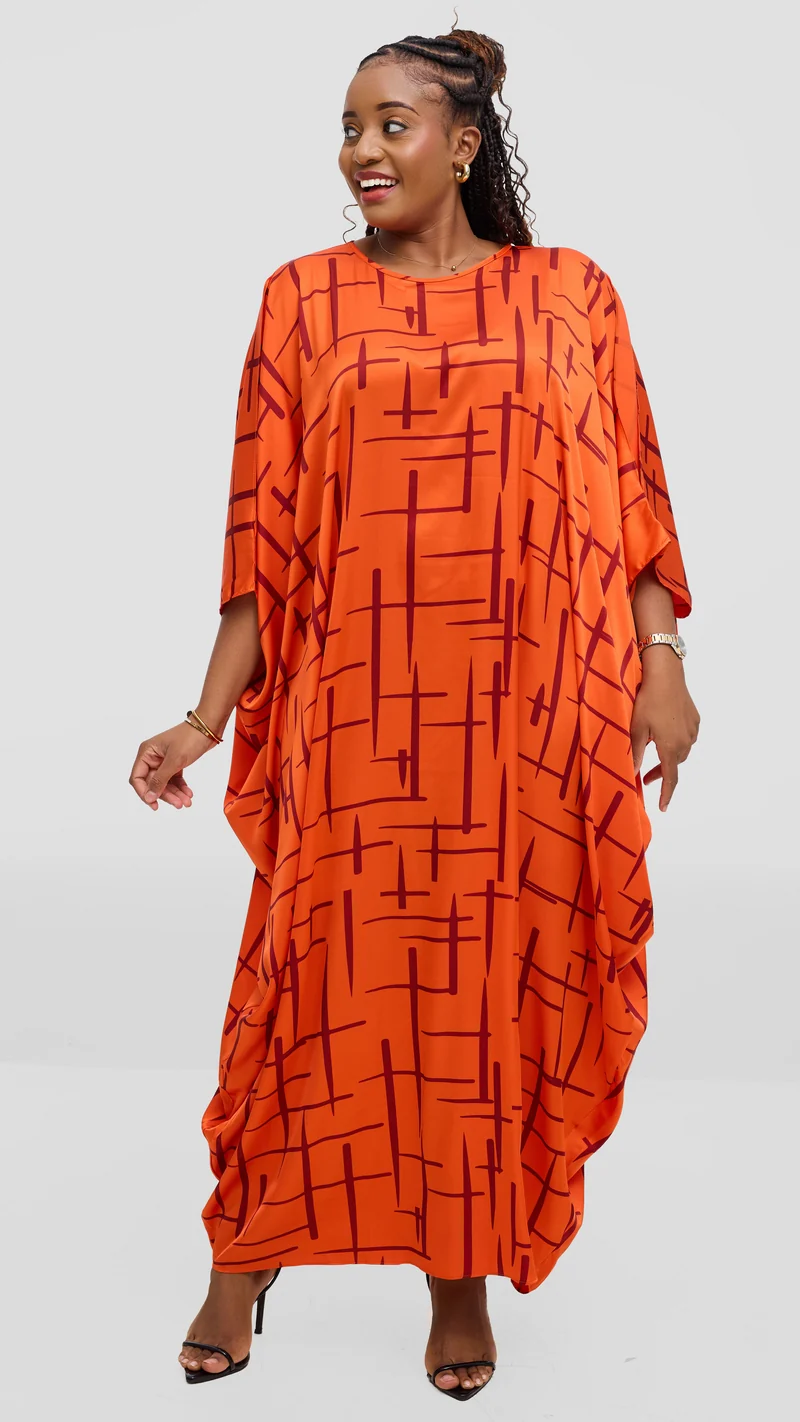 Vivo Lani Maxi Dress In Satin - Orange / Brown Print