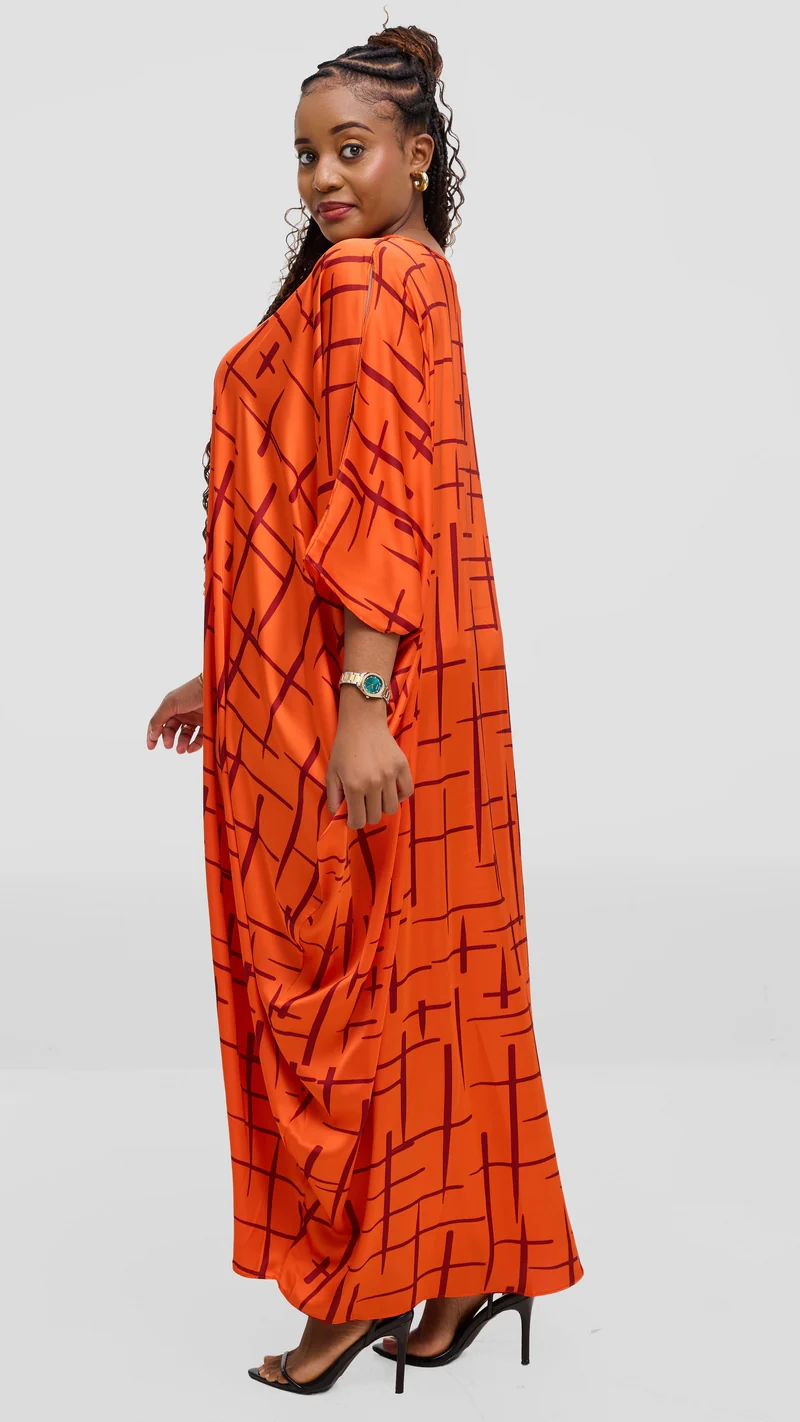 Vivo Lani Maxi Dress In Satin - Orange / Brown Print