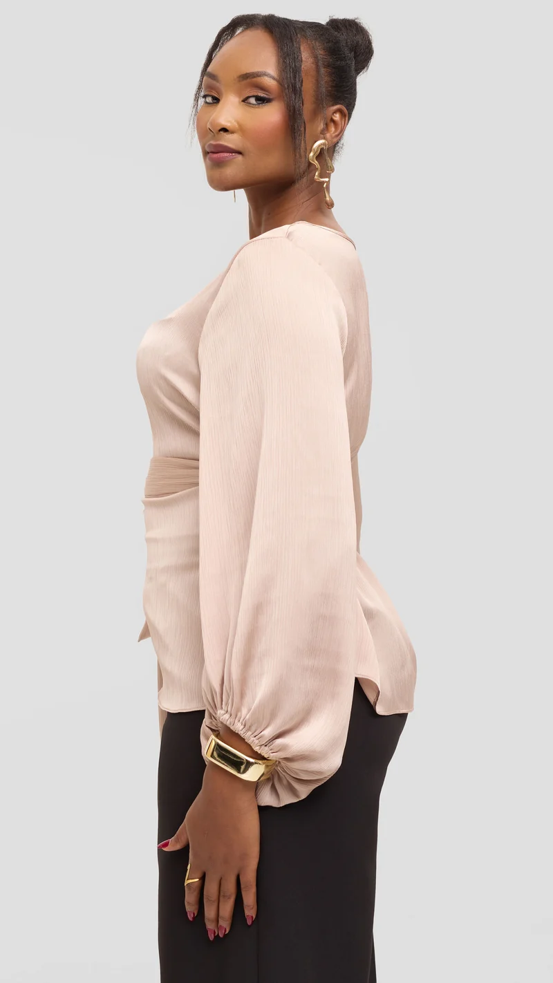 Vivo Basic Bishop Sleeve Top in Satin - Taupe