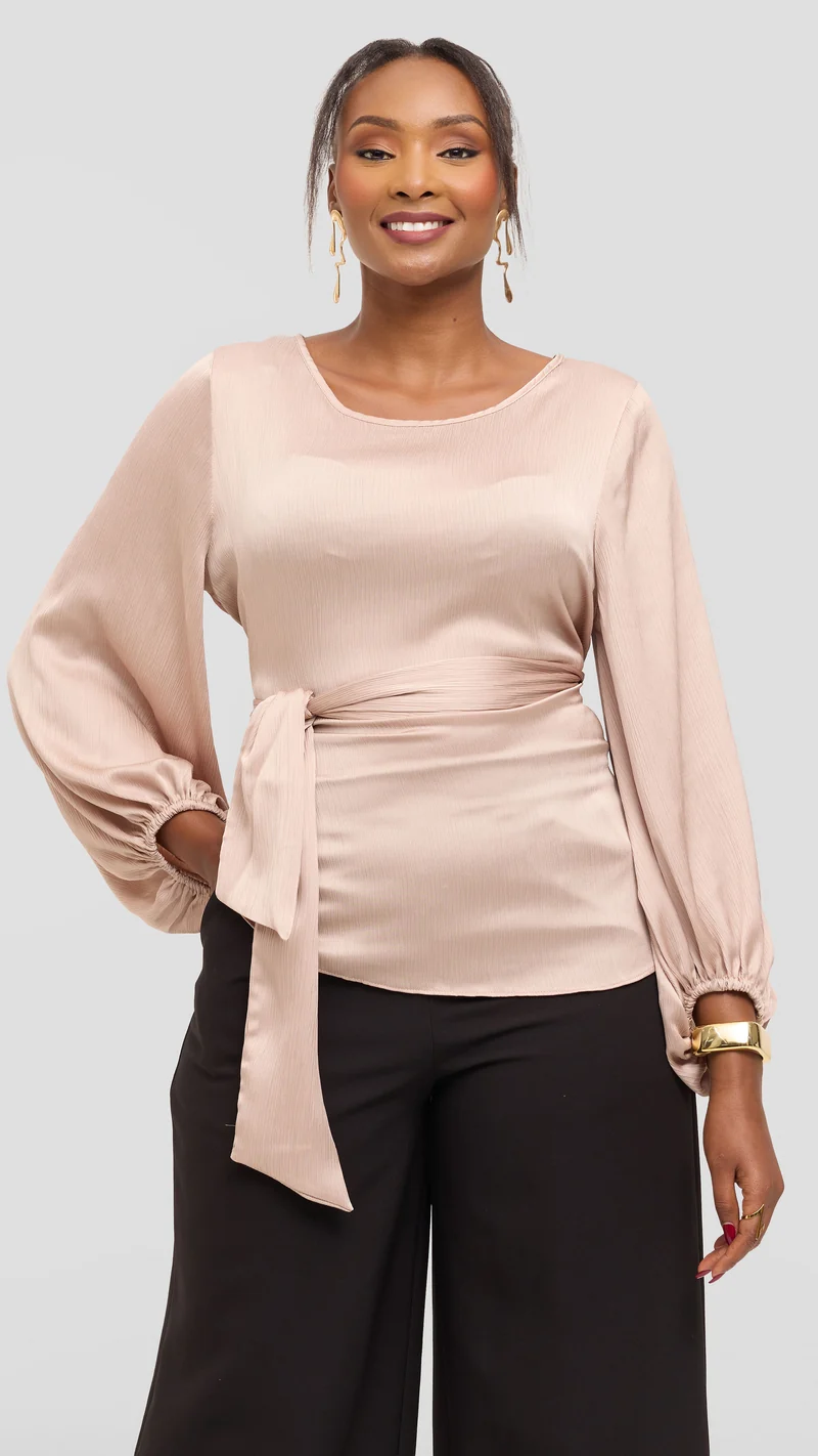Vivo Basic Bishop Sleeve Top in Satin - Taupe