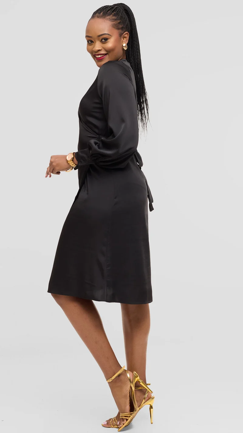 Vivo Long Sleeve Wrap Dress in Satin - Black