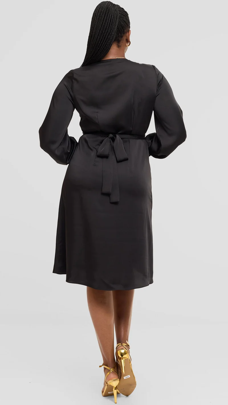 Vivo Long Sleeve Wrap Dress in Satin - Black